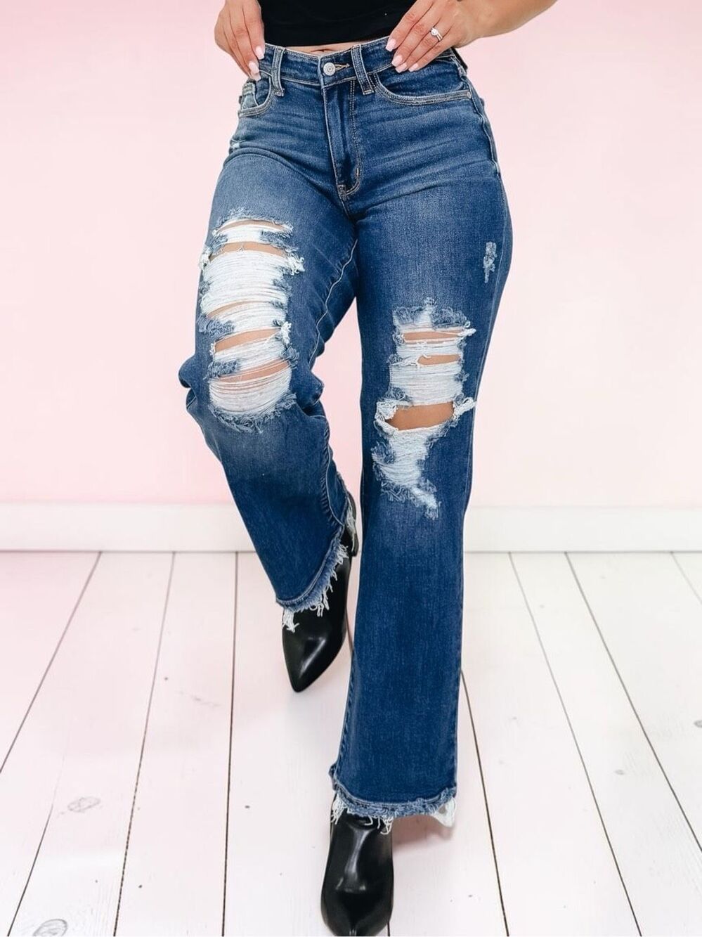 Judy Blue Dad Jeans Dark Wash Distressed Raw Hem Mid Rise Relaxed Straight NWT - Picture 4 of 15